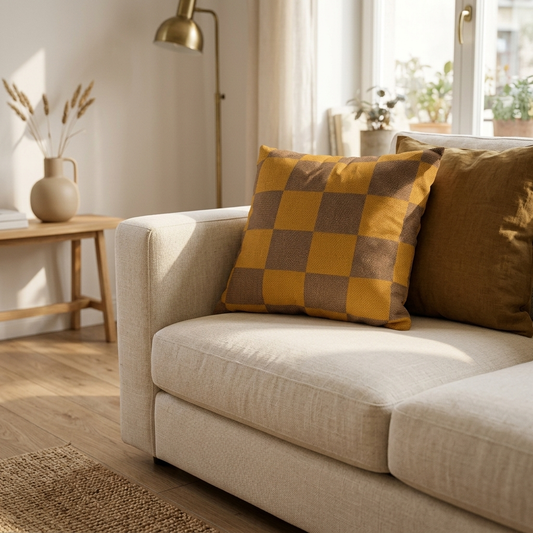 Tonal Check Throw Pillow Cover in Ochre & Brown on a cream linen sofa in a sunlit living room