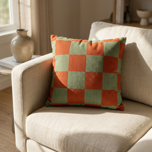 Tonal check throw pillow cover in terracotta and sage on a cream linen sofa in a sunlit living room