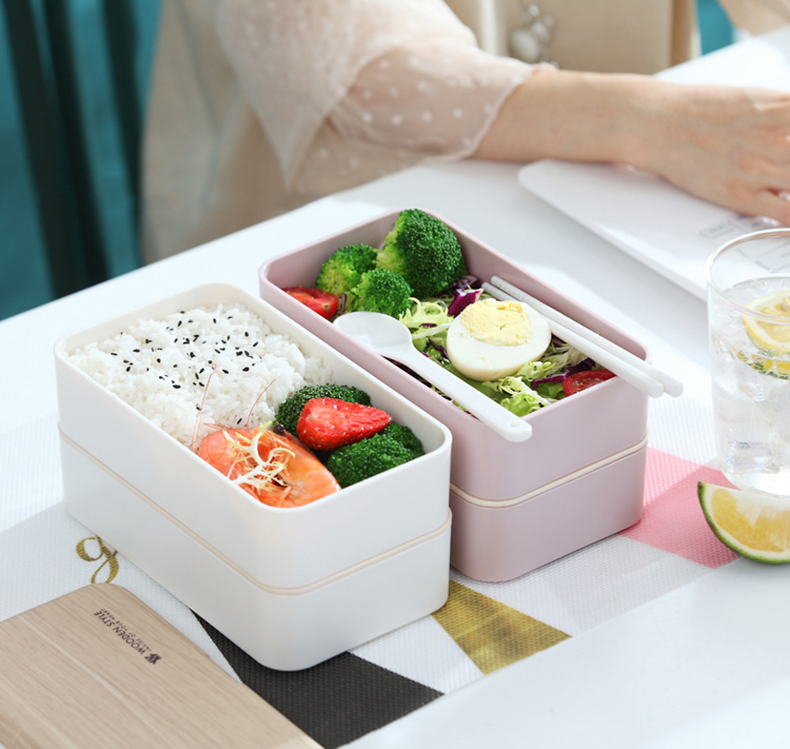 Portable Japanese Bento Box with Double Layer Compartments