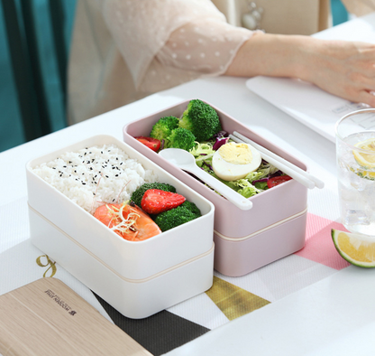 Portable Japanese Bento Box with Double Layer Compartments