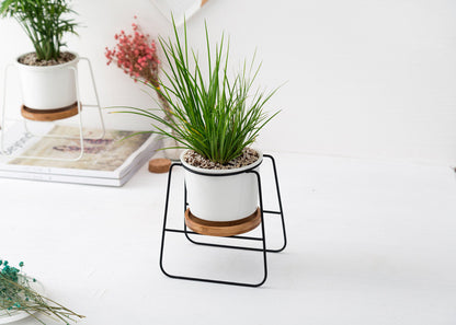 Geometric Ceramic Planter Set with Bamboo Stand and Iron Frame