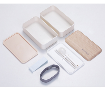 Portable Japanese Bento Box with Double Layer Compartments