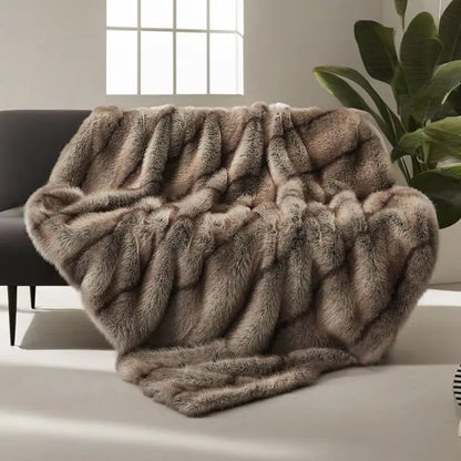 High-End Faux Fur Blanket - Elegant Plaid Design for Beds and Sofas