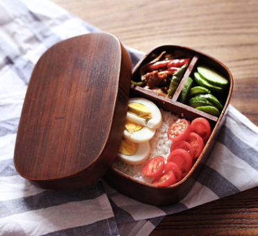 Japanese Wooden Bento Box with Divided Bowls and Utensils