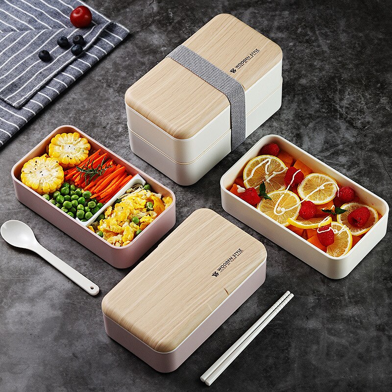 Portable Japanese Bento Box with Double Layer Compartments