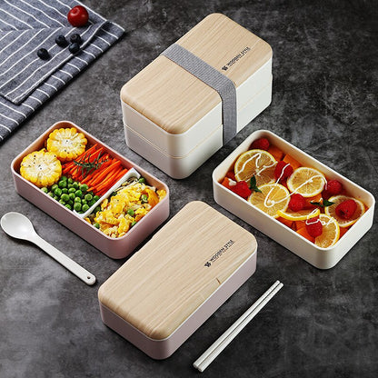 Portable Japanese Bento Box with Double Layer Compartments