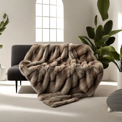 High-End Faux Fur Blanket - Elegant Plaid Design for Beds and Sofas