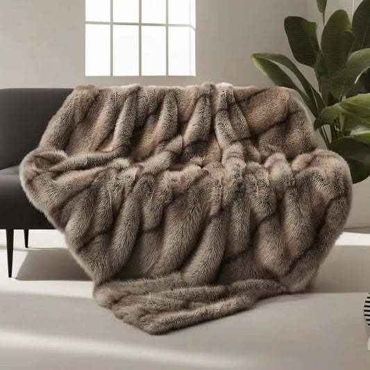 High-End Faux Fur Blanket - Elegant Plaid Design for Beds and Sofas