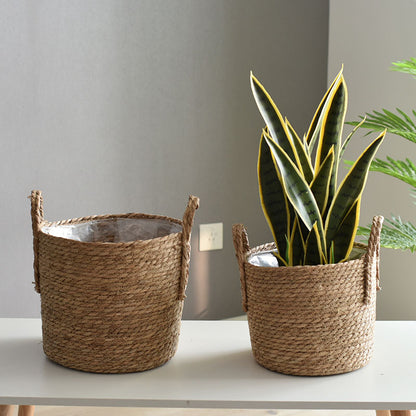 Handwoven Nordic Straw Basket Planter for Home Decor