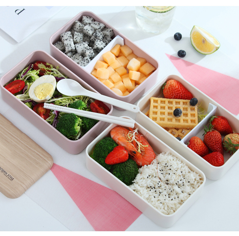 Portable Japanese Bento Box with Double Layer Compartments