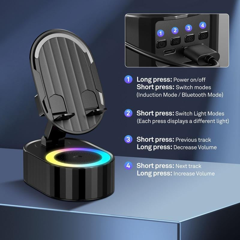 Cell Phone Stand with Wireless Bluetooth Speaker,Induction Speaker HD Surround Sound for Home and Outdoor