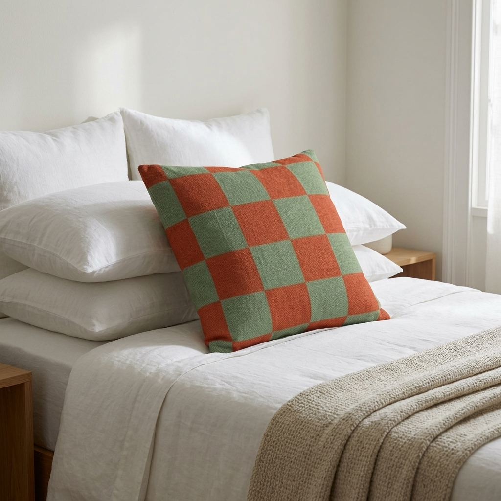 Tonal Check Throw Pillow Cover in Terracotta & Sage against white linen bedding