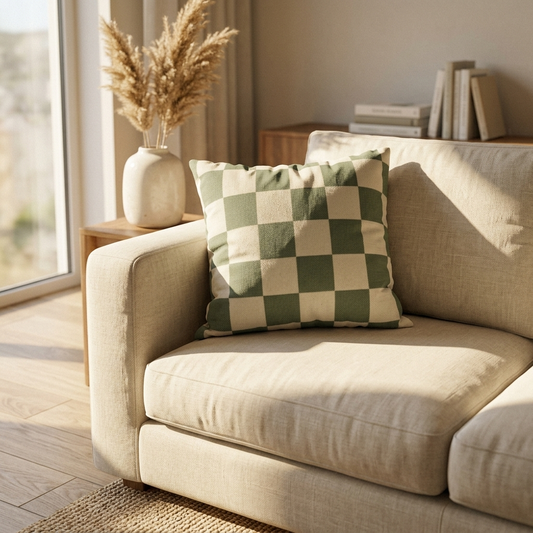 Tonal Check Throw Pillow Cover in Sage & Cream on a cream linen sofa in a sunlit living room