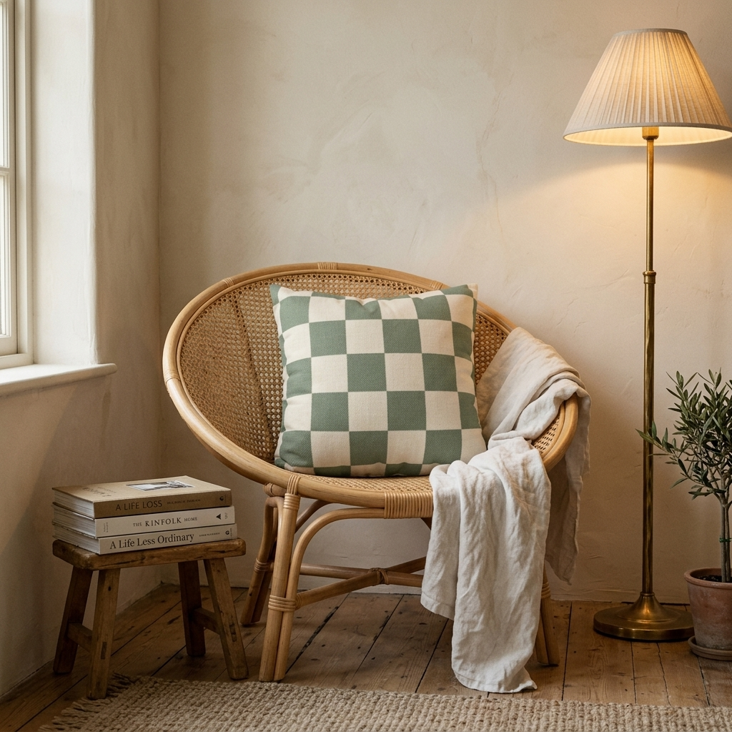 Tonal Check Throw Pillow Cover in Sage & Cream on a rattan reading chair