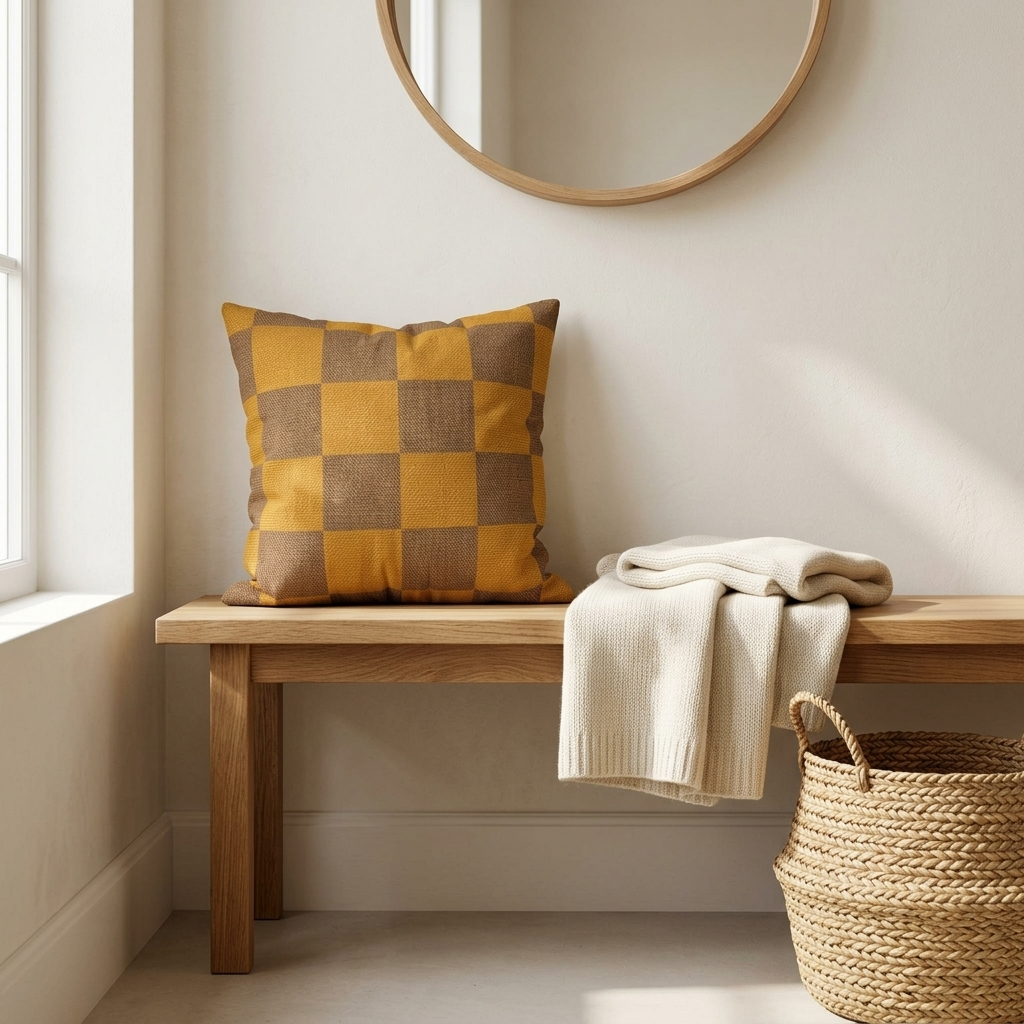 Tonal Check Throw Pillow Cover in Ochre & Brown on a wooden entryway bench