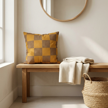 Tonal Check Throw Pillow Cover in Ochre & Brown on a wooden entryway bench