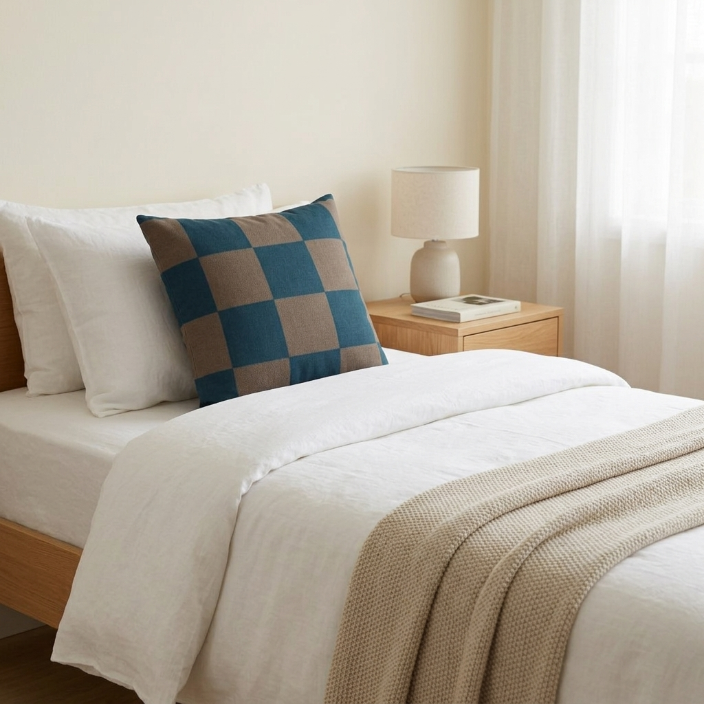 Tonal Check Throw Pillow Cover in Deep Teal & Taupe against white linen bedding