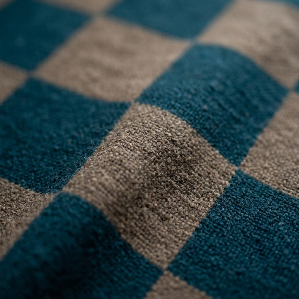 Close-up of the woven checkerboard texture in Deep Teal & Taupe