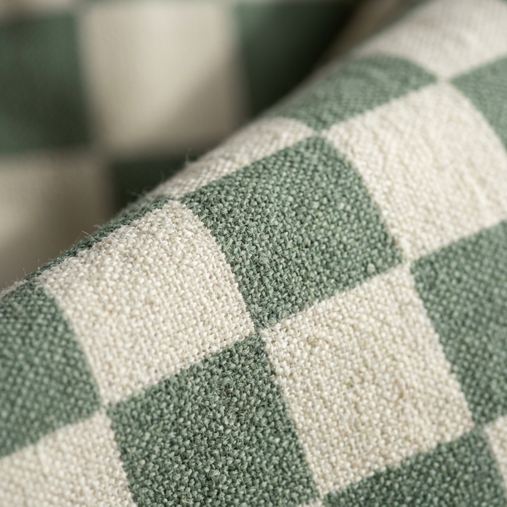 Close-up of the woven checkerboard texture in Sage & Cream
