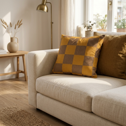 Tonal Check Throw Pillow Cover in Ochre & Brown on a cream linen sofa in a sunlit living room