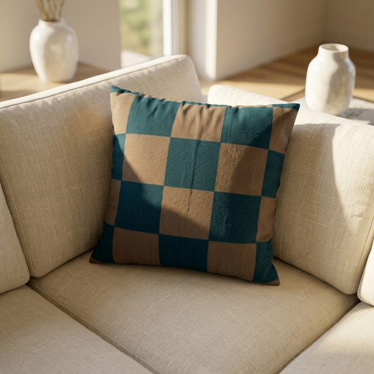 Tonal Check Throw Pillow Cover in Deep Teal & Taupe on a cream linen sofa in a sunlit living room