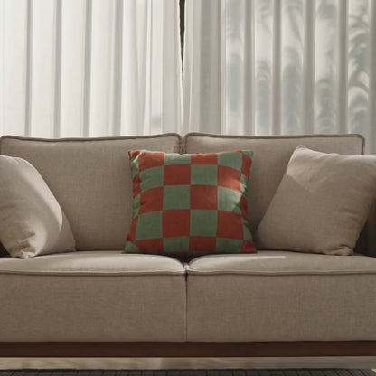 Tonal Check Throw Pillow Cover in Terracotta & Sage shown in a sunlit living room