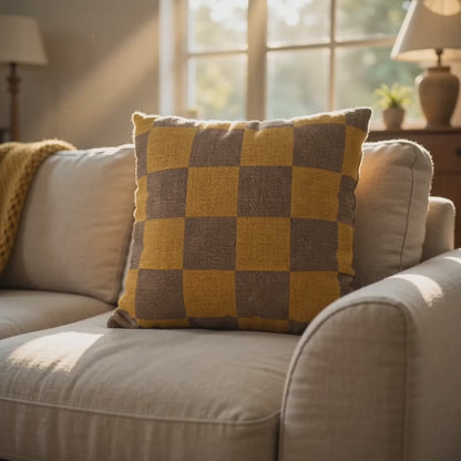 Tonal Check Throw Pillow Cover in Ochre & Brown shown in a sunlit living room