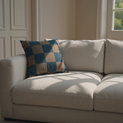 Tonal Check Throw Pillow Cover in Deep Teal & Taupe shown in a sunlit living room