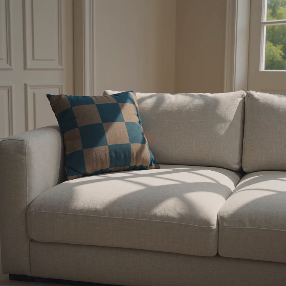 Tonal Check Throw Pillow Cover in Deep Teal & Taupe shown in a sunlit living room