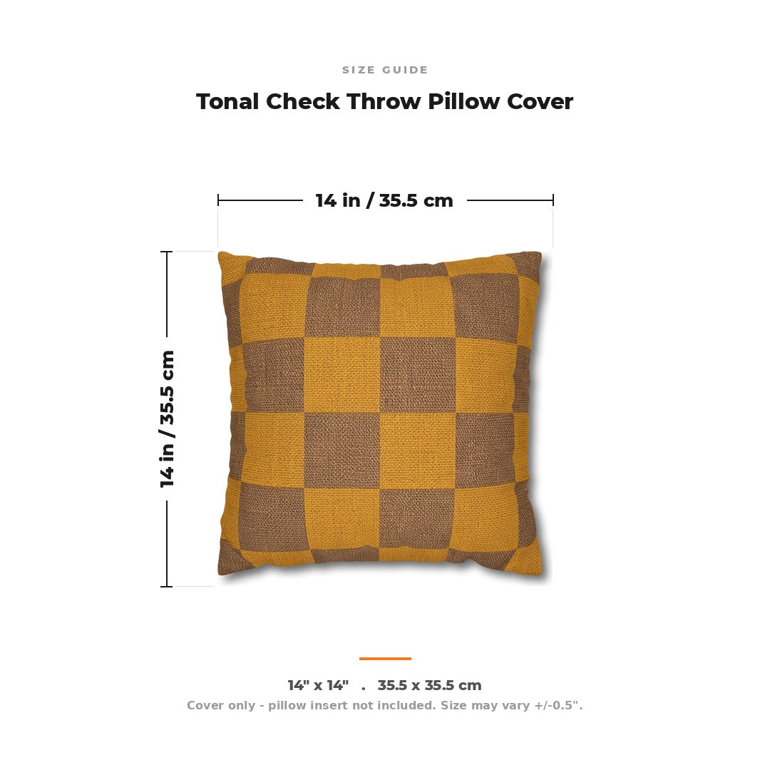 Size guide: Tonal Check Throw Pillow Cover in Ochre & Brown measures 14 by 14 inches (35.5 by 35.5 cm). Cover only, insert not included.