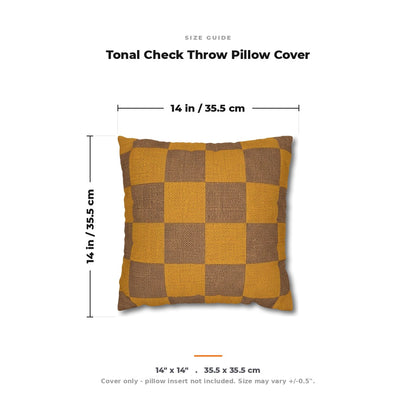 Size guide: Tonal Check Throw Pillow Cover in Ochre & Brown measures 14 by 14 inches (35.5 by 35.5 cm). Cover only, insert not included.